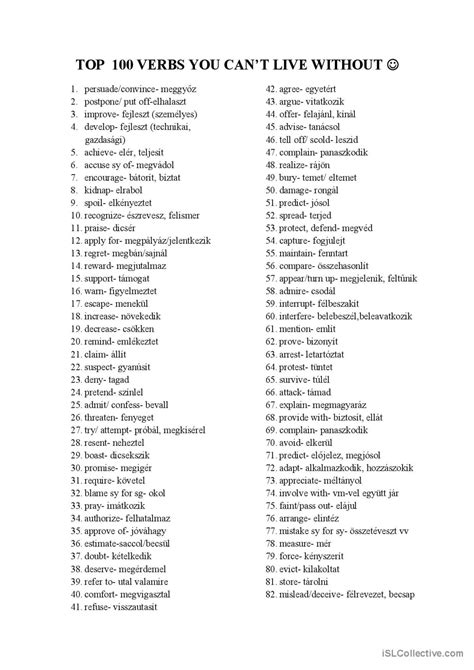 top 100 verbs: English ESL worksheets pdf & doc