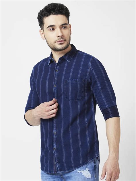 Spykar Men Indigo Blue Cotton Slim Fit Full Sleeve Striped Shirt