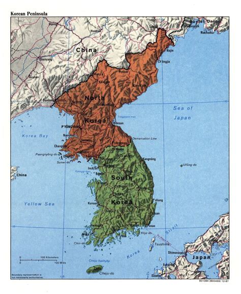 Large detailed political map of Korean Peninsula with relief, roads, railroads and major cities ...