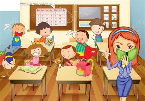 卡通小学生和老师上课场景矢量素材EPS免费下载_红动中国