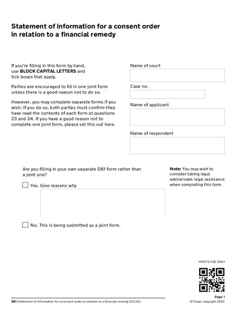 Fillable Online Statement of information for a consent order in ...