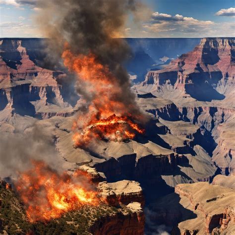 Photo realistic, grand canyon on fire. 1000 meter view.