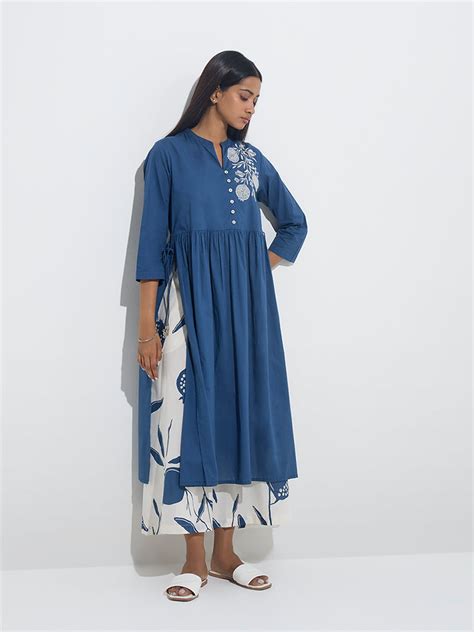 Buy Utsa Blue Anar Pattern Fit-and-Flare Cotton Kurta from Westside