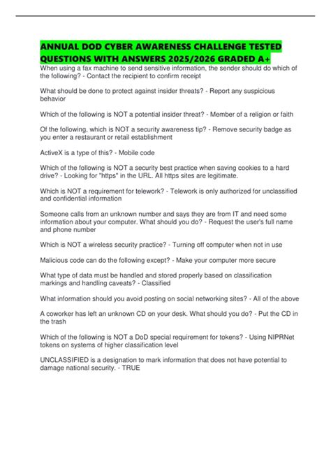 ANNUAL DOD CYBER AWARENESS CHALLENGE TESTED QUESTIONS WITH ANSWERS 2025 ...