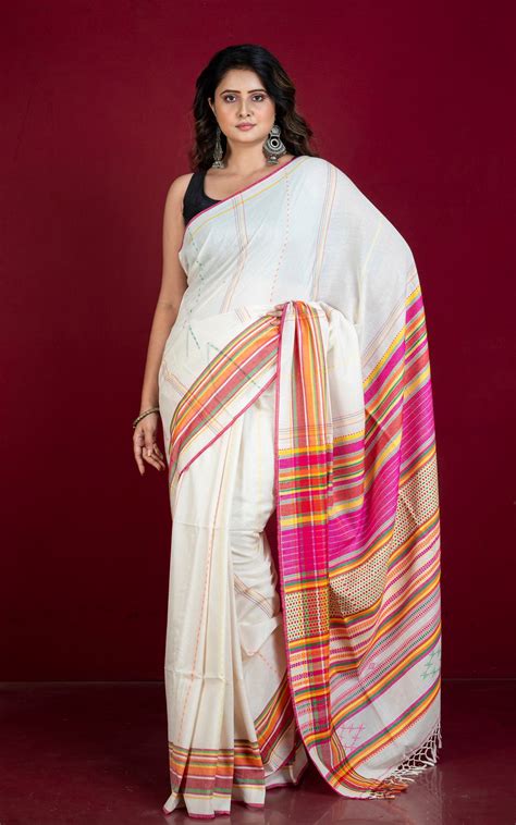 Designer Assam Khaddar Soft Cotton Bomkai Saree in Off White and Multi ...