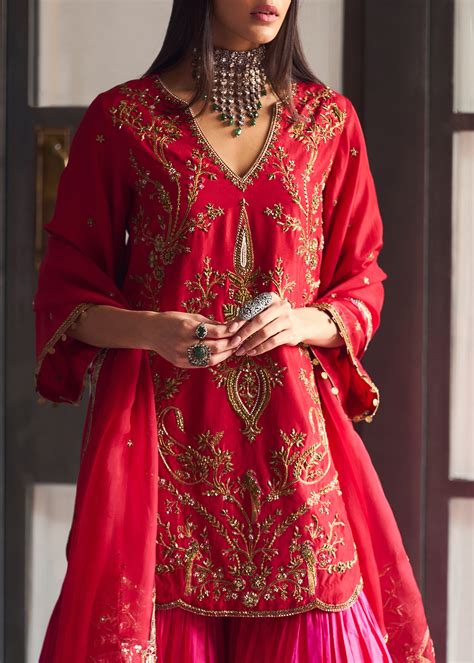 After Hours Red-Magenta Embroidered Silk Gharara Set – Raji Ramniq