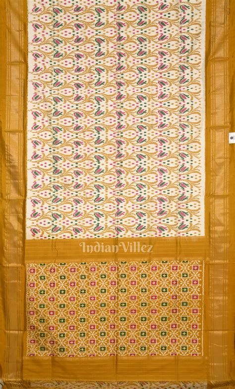 Off White Mustard Yellow Pochampally Ikat Silk Saree – IndianVillèz