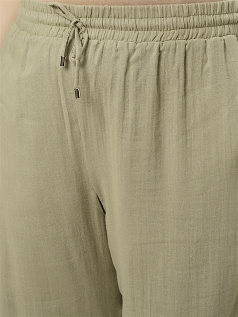 Women Plus Size Light Green Cotton Wide-Leg Lounge Pants