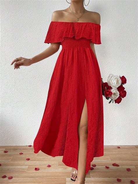 Calvaya Women's Asymmetrical Off Shoulder Ruffle Hem High Slit Dress ...