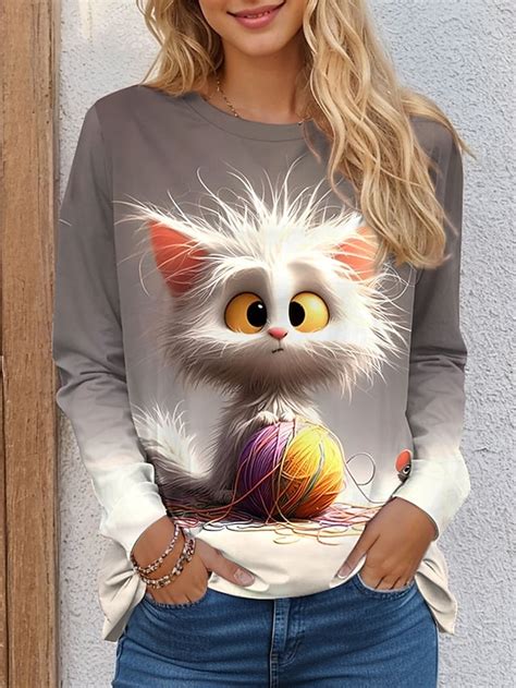 Women's T shirt Crew Neck Long Sleeve Tunic Casual Print Regular Tops ...