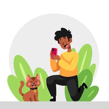 Cartoon man taking a photo of his cat | Free Vector