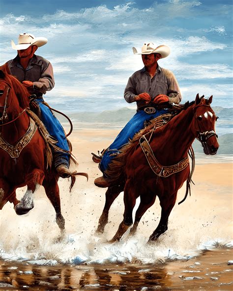 Western Cowboys on Horses Running Side by Side on a Beach · Creative ...