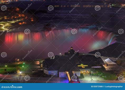 Aerial View of Colorful Lights on Niagara Falls at Night Stock Photo ...