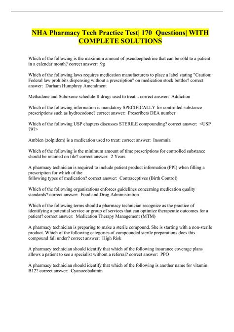 NHA Pharmacy Tech Practice Test| 170 Questions| WITH COMPLETE SOLUTIONS ...