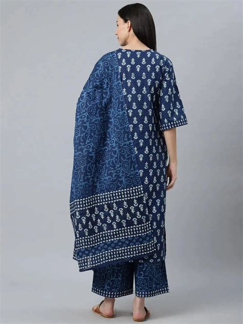 Buy Blue Printed Cotton Straight Kurta With Palazzos & Dupatta Online ...