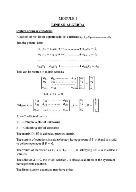 Module 1 - It is lectures notes - MODULE 1 LINEAR ALGEBRA System of ...