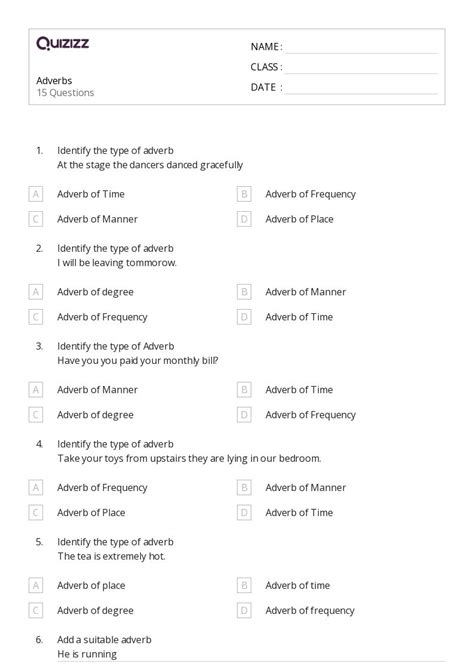 50+ Adverbs worksheets for 6th Class on Quizizz | Free & Printable