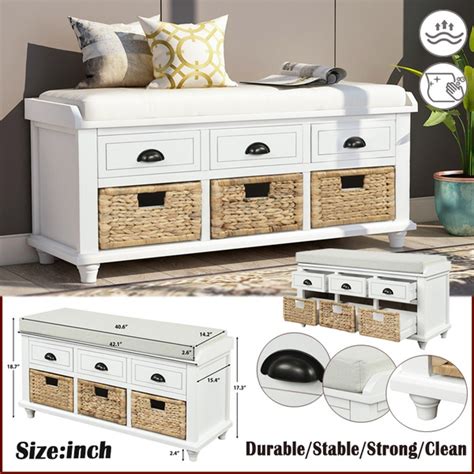 Rustic Storage Bench With 3 Drawers And 3 Rattan Baskets, Shoe Bench With Removable Cushion For ...