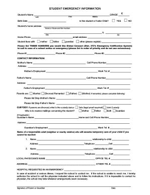 Student Emergency Information Form - Blank Fillable Template | Fill Out ...