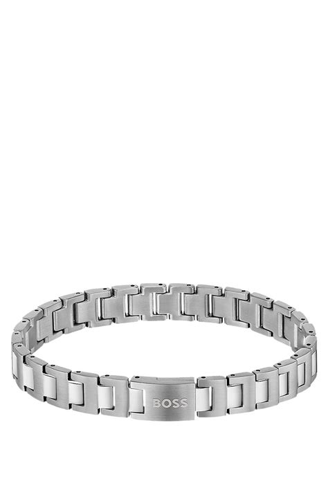 BOSS - Silver-tone link cuff with logo closure - Silver tone