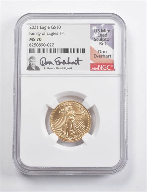 MS70 2021 $10 American Gold Eagle 1/4 Oz. .999 Fine Gold Family Of Eagles T-1 Signed Everhart ...