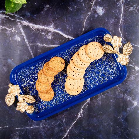 Stylish Blue Tray for Snack Serving with Golden Leaf, Wire Pattern