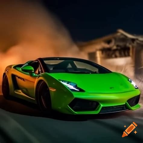 Lime green Lamborghini Gallardo speeding away from destroyed house at night on Craiyon