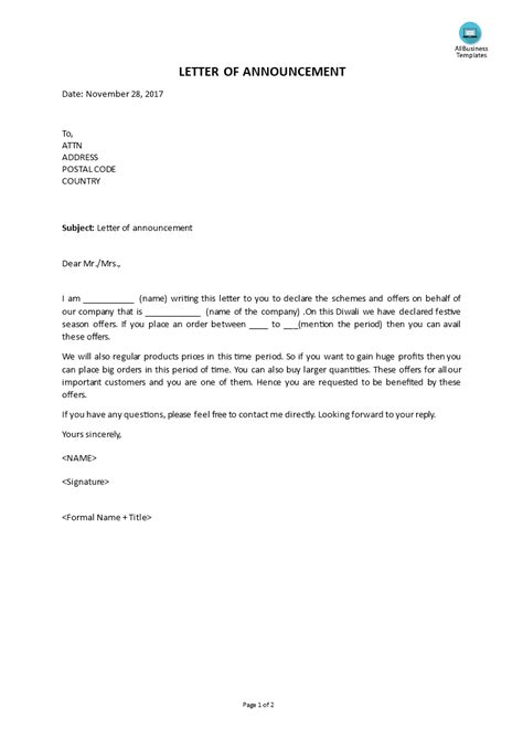 Image result for Announcement Letter Example