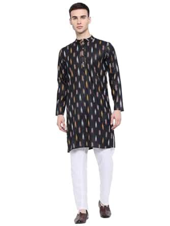 Buy Vastraa Fusion Men's Ikat Handloom Pure Cotton Kurta Pajama Round ...
