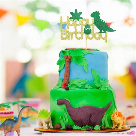 Buy Dinosaur Birthday Cake Topper, Green Gold Glitter Dinosaur Cake ...