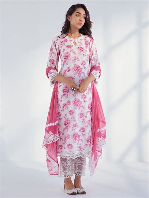 Buy White Pink Printed Cotton Suit- Set of 3 | ROZSIAR01/ROZ10MAY | The ...