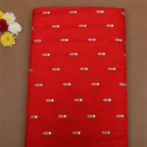 Cherry Red Floral Embroidered Silk Fabric| FabricbySinghanai's