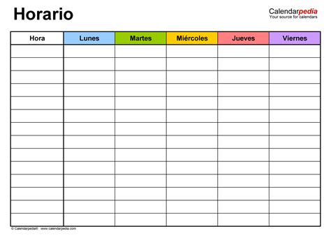 Horarios en formatos PDF, Excel y Word - Calendarpedia.com