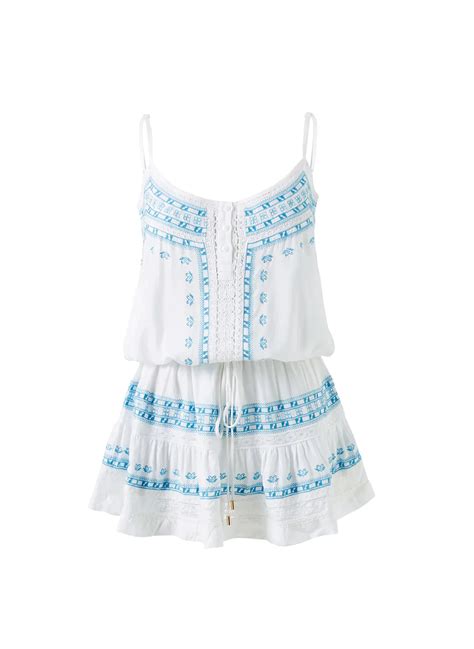 Melissa Odabash Karen White/Aqua Embroidered Over The Shoulder Short ...