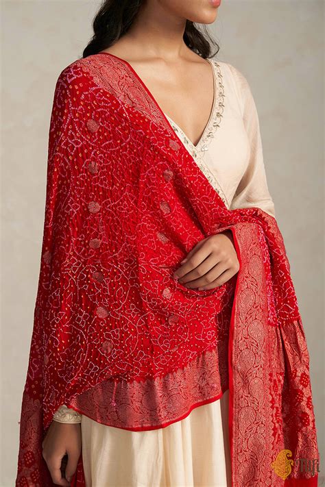 Red Pure Georgette Banarasi Handloom Bandhani Dupatta - Tilfi