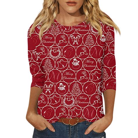 Womens Christmas T-Shirts Dressy Casual 3/4 Length Sleeve Womens Tops ...