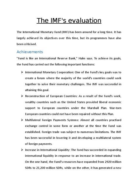 Note on The Evaluation of the IMF - The IMF's evaluation The ...