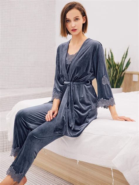 Floral Crochet Velvet Cami Pajama Set With Robe | Cami pajama sets ...