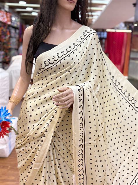 Chandarka – Ivory Polka Ajrakh Modal Silk Saree – The Loom Store