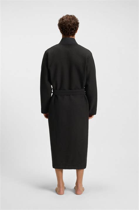BOSS - Waffle-structure dressing gown with embroidered logo - Black