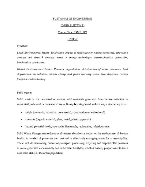 Sustainable engineering unit 2 - SUSTAINABLE ENGINEERING (OPEN ELECTIVE ...