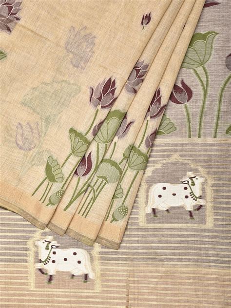 Cream Dhakai Jamdani Cotton Viscose Saree with Flora and Cow Design ...