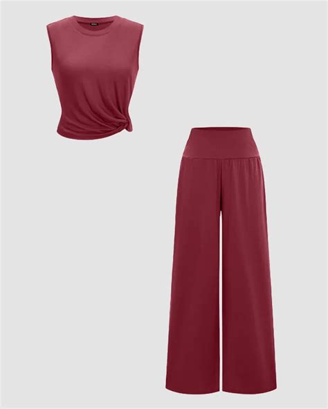 Sleeveless Twist Front Top and Wide Leg Pants Co-Ord Set in Maroon ...
