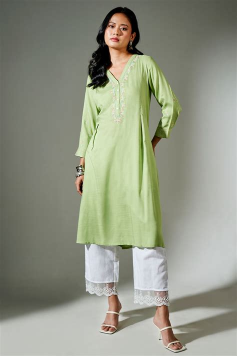 Buy our Casual Wear Sage Green Solid Embroidered Straight Kurtas onlin