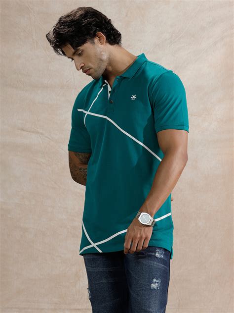 Contrast Abstract Lines Polo T-Shirt | Teal – Wrogn