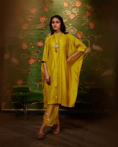EMBROIDERED TUNIC TROUSER SET- MUSTARD – BRIH