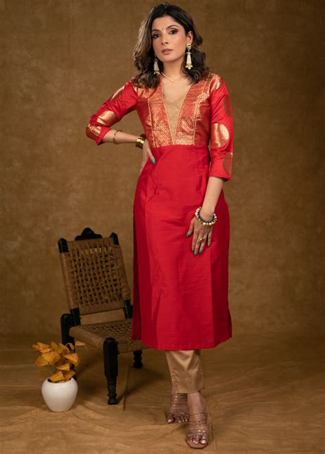 Party Wear Red Cotton Silk Kurta with Brocade Yoke and Sleeves - Pant ...