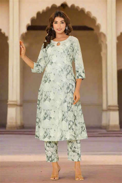 White Green Cotton A-line Kurta