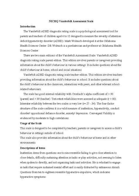 NICHQ Vanderbilt ADHD Assessment Scale Overview and Interpretation ...