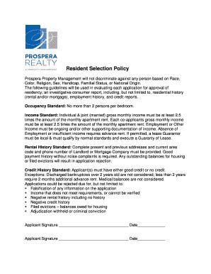 Fillable Online Resident Selection Policy - Prospera Realty Fax Email ...